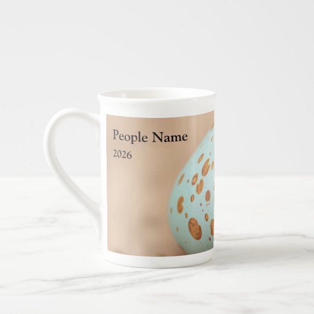 Modern Robin's Egg Speckle Personalized Bone China Mug (Left)