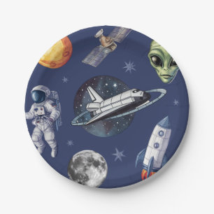 Modern Rocket Ship Space Planet Birthday or Shower Paper Plate
