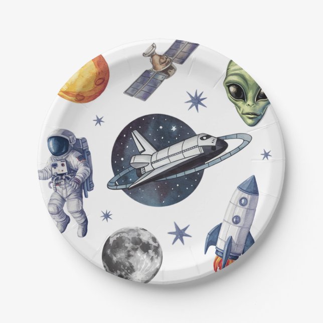 Modern Rocket Ship Space Planet Birthday or Shower Paper Plate (Front)