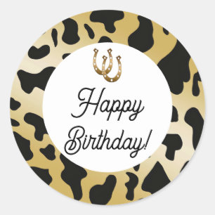 Modern Rodeo Birthday Black Gold Cow Print Classic Round Sticker