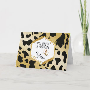 Modern Rodeo Birthday Black Gold Cow Print Photo Thank You Card