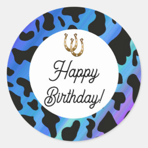 Modern Rodeo Birthday Electric Blue Cow Print Classic Round Sticker
