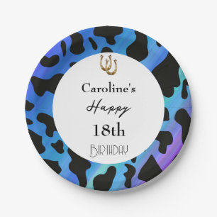 Modern Rodeo Birthday Electric Blue Cow Print Paper Plate