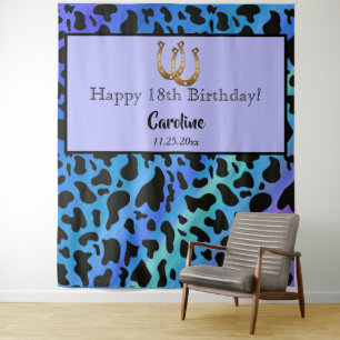 Modern Rodeo Birthday Electric Blue Cow Print Tapestry