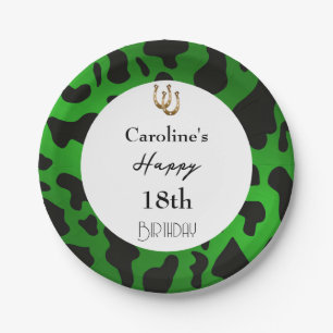 Modern Rodeo Birthday Emerald Green Cow Print Paper Plate