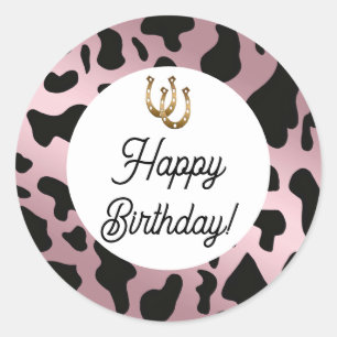 Modern Rodeo Birthday Rose Gold Cow Print Classic Round Sticker