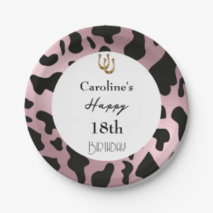 Modern Rodeo Birthday Rose Gold Cow Print Paper Plate