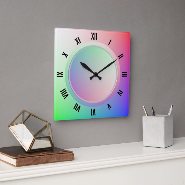 Modern Roman Numerals and Fun Pastel Rainbow Disc Square Wall Clock (Office)