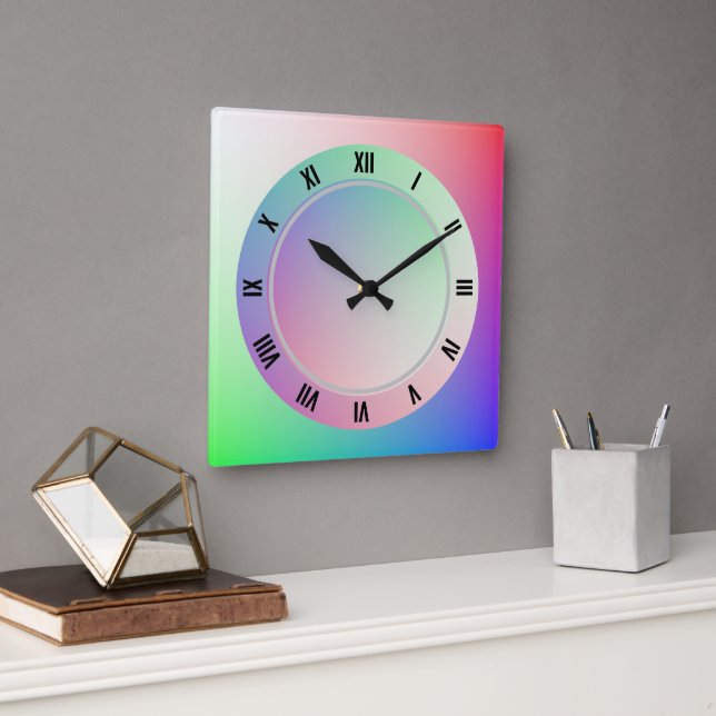 Modern Roman Numerals and Fun Pastel Rainbow Discs Square Wall Clock (Office)