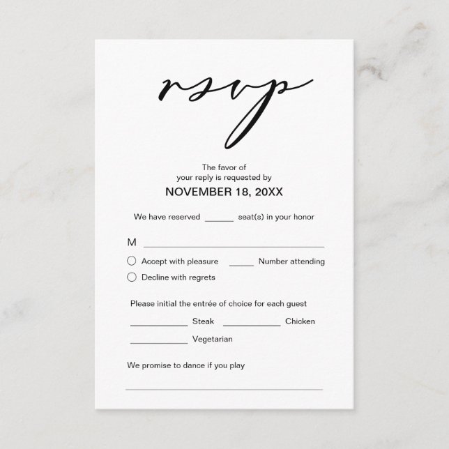 Modern Romance, Black Script, Wedding Dinner RSVP Enclosure Card (Front)