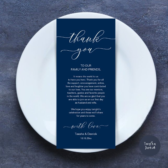 Modern Romance Dinner Place Setting Thank You Card (Wedding Dinner Place Setting Thank You Card, Modern Minimalist, in Navy Blue)