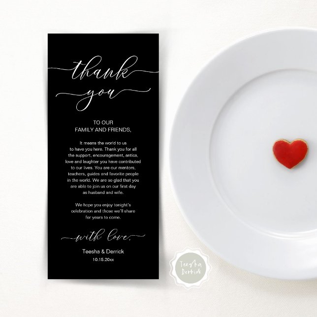 Modern Romance Dinner Place Setting Thank You Card (Wedding Dinner Place Setting Thank You Card, Modern Minimalist, in Classy Black)
