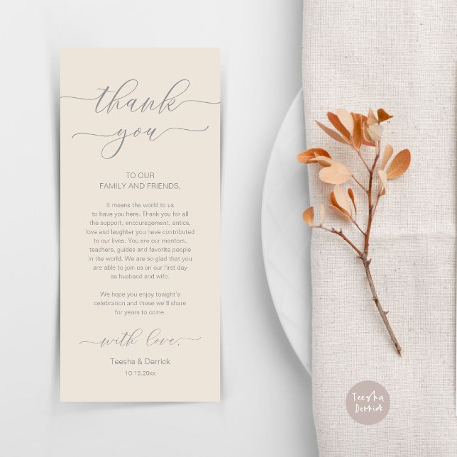 Modern Romance Dinner Place Setting Thank You Card (Wedding Dinner Place Setting Thank You Card, Modern Minimalist, in Grey and Cream)