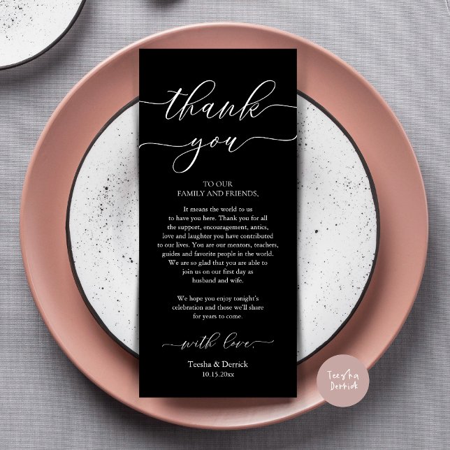 Modern Romance Dinner Place Setting Thank You Card (Wedding Dinner Place Setting Thank You Card, Plate Decoration, Modern Script, in Classy Black)