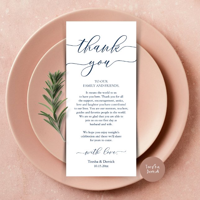 Modern Romance Dinner Place Setting Thank You Card (Wedding Dinner Place Setting Thank You Card, Plate Decoration, Modern Script, in Navy Blue)