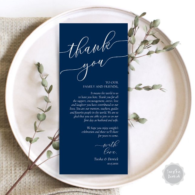 Modern Romance Dinner Place Setting Thank You Card (Wedding Dinner Place Setting Thank You Card, Modern Romance Design, in Navy Blue)