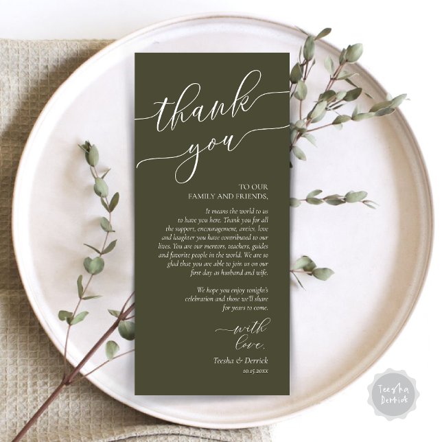 Modern Romance Dinner Place Setting Thank You Card (Wedding Dinner Place Setting Thank You Card, Modern Romance Design, in Olive Green)