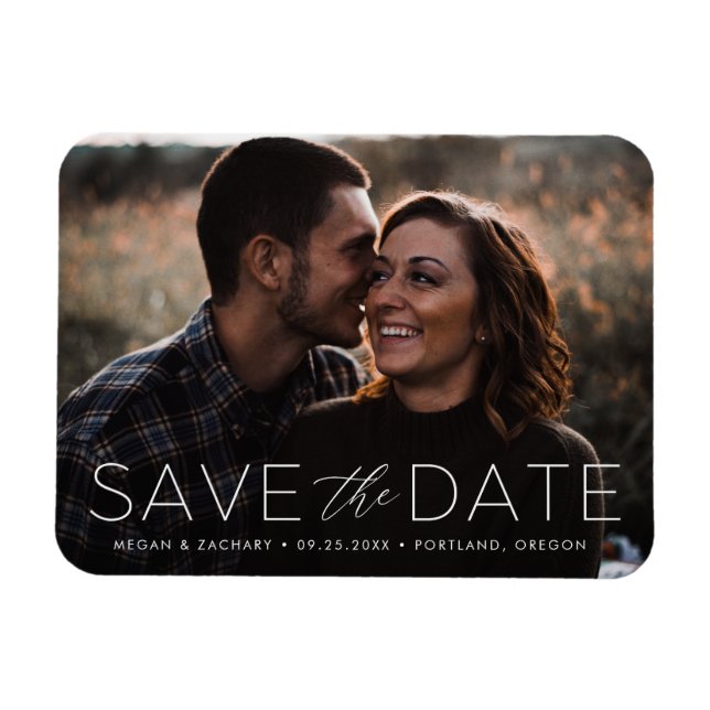 Modern Romance White Overlay Save the Date Photo Magnet (Horizontal)
