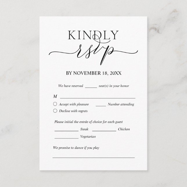 Modern Romantic, Black, Wedding Dinner RSVP Enclosure Card (Front)