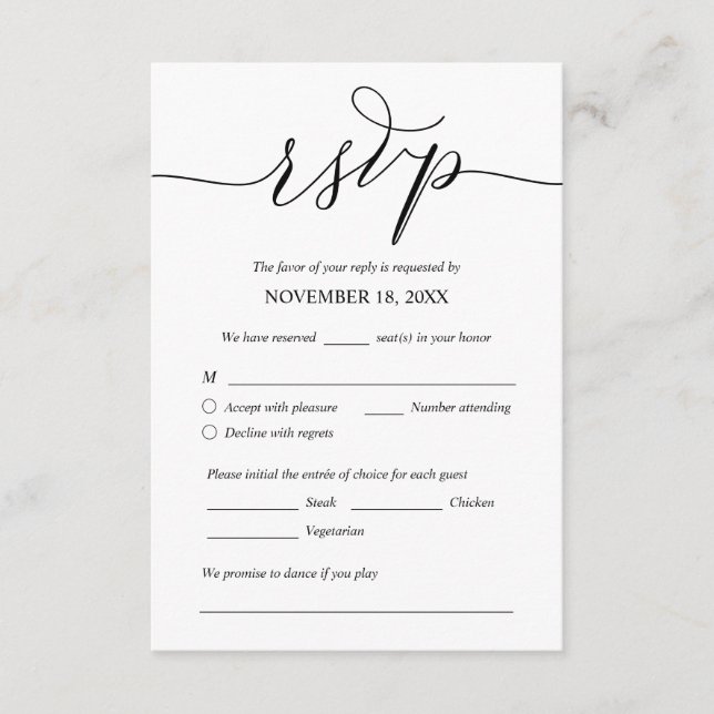 Modern Romantic, Black, Wedding Dinner RSVP Enclosure Card (Front)