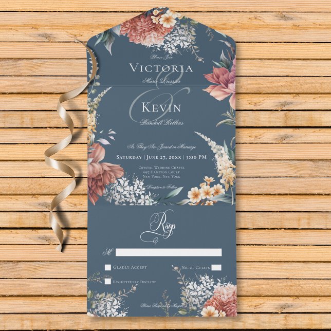 Modern Romantic Blue Garden Floral No Dinner All In One Invitation (Modern Romantic Blue Garden Floral No Dinner All In One Invitation)