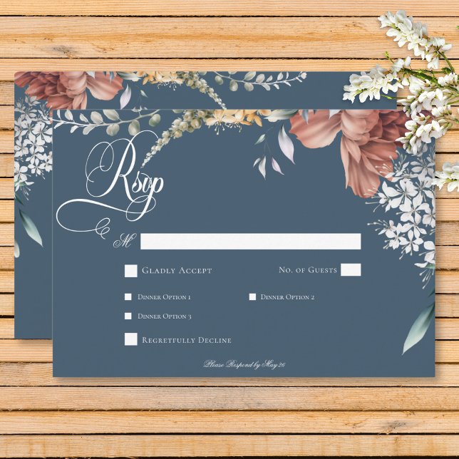 Modern Romantic Blue Garden Floral Wedding Dinner RSVP Card (Modern Romantic Blur Garden Floral Wedding Response Card with Dinner)