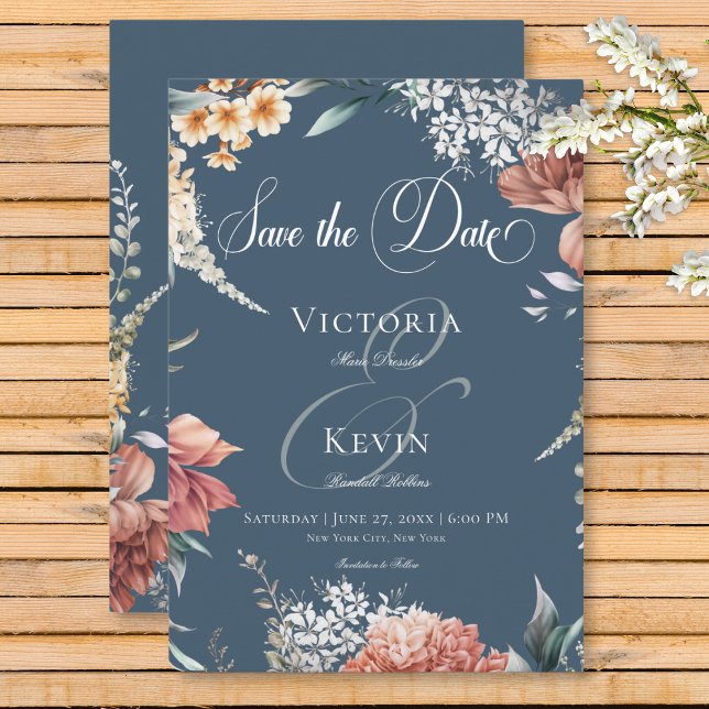 Modern Romantic Blue Garden Floral Wedding Save The Date (Modern Romantic Blue Garden Floral Wedding Save the Date Card)