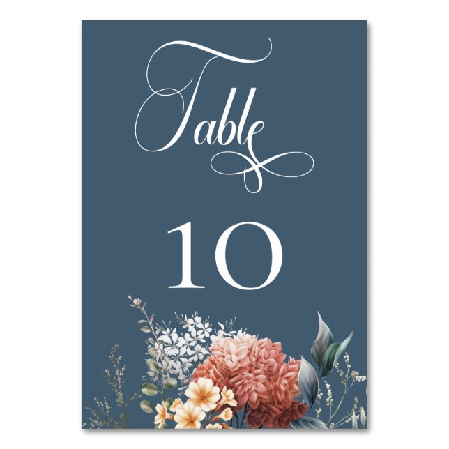 Modern Romantic Blue Garden Floral Wedding Table Number (Front)