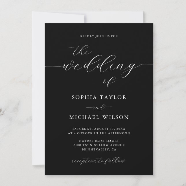 Modern Romantic Calligraphy Black Wedding Invitation (Front)