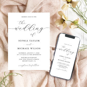 Modern Romantic Calligraphy Black & White Wedding Invitation