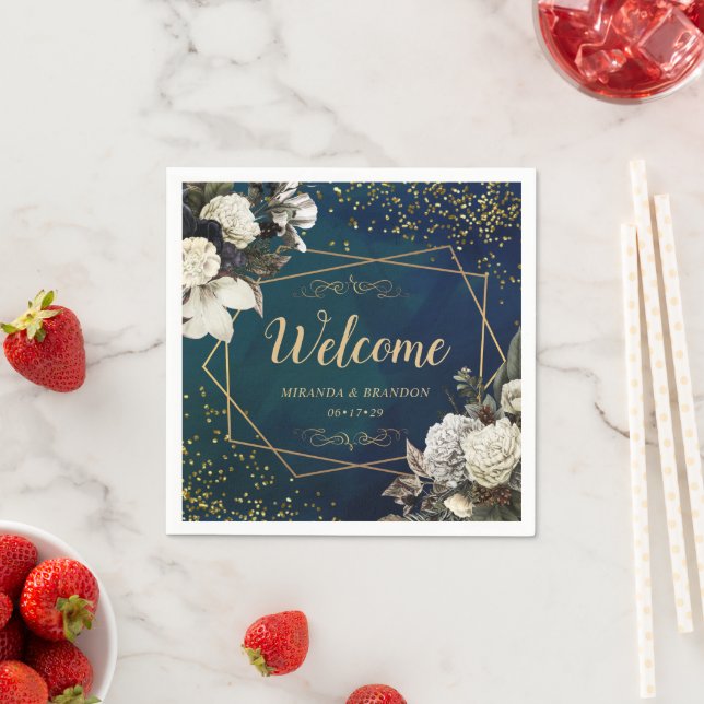 Modern Romantic Floral Gold Wreath Wedding Napkin (Insitu)