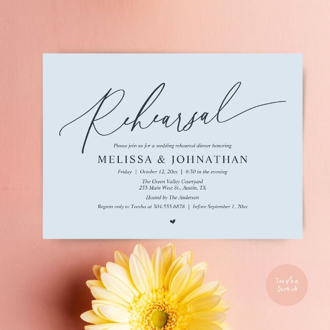 Modern Romantic Intimate Wedding Rehearsal Dinner  Invitation (Modern Romantic Intimate Wedding Rehearsal Dinner Invitation Card in Misty Blue)
