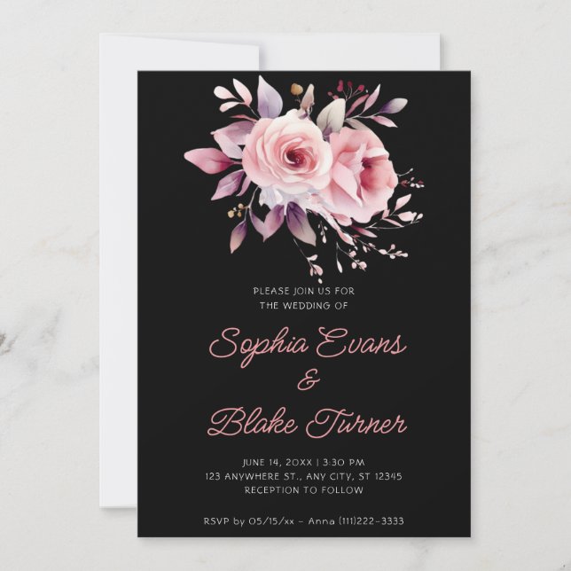 Modern Romantic Pink Roses Black Wedding Invitation (Front)