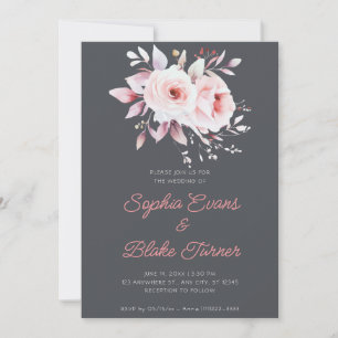 Modern Romantic Pink Roses Graphite Grey Wedding Invitation