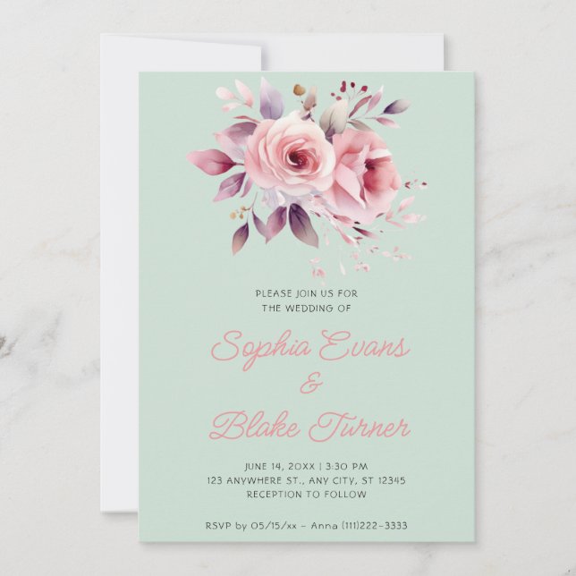 Modern Romantic Pink Roses Light Green Wedding Invitation (Front)