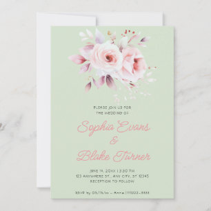 Modern Romantic Pink Roses Light Green Wedding Invitation