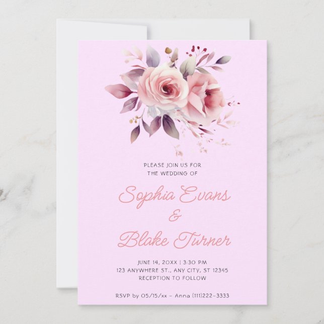 Modern Romantic Pink Roses Light Purple Wedding Invitation (Front)