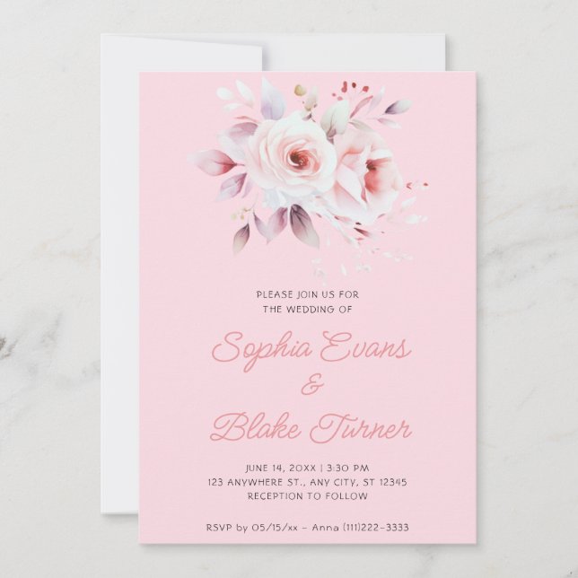 Modern Romantic Pink Roses Soft Pink Wedding Invitation (Front)
