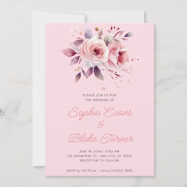 Modern Romantic Pink Roses Soft Pink Wedding Invitation (Front)
