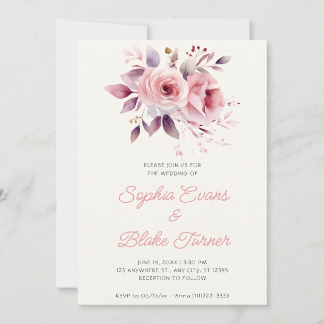 Modern Romantic Pink Roses White Cream Wedding Invitation (Front)