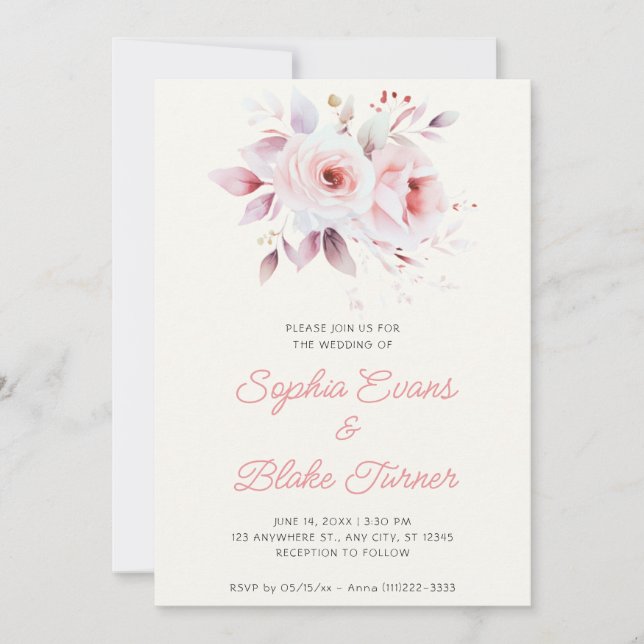 Modern Romantic Pink Roses White Cream Wedding Invitation (Front)