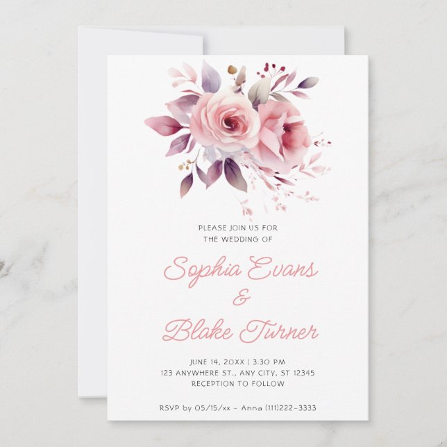 Modern Romantic Pink Roses White Wedding Invitation (Front)