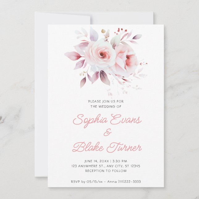 Modern Romantic Pink Roses White Wedding Invitation (Front)
