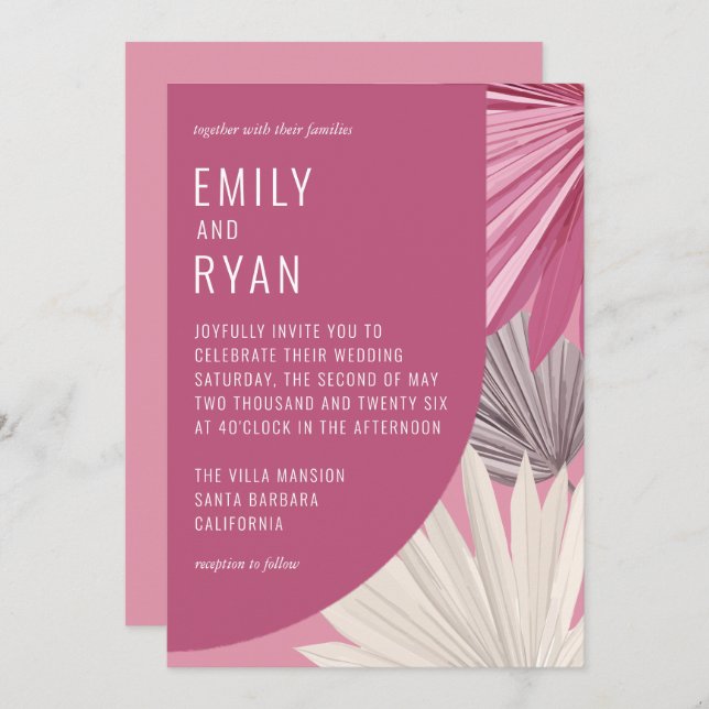 Modern Romantic Pink Tropical Leaf Wedding Invitation (Front/Back)