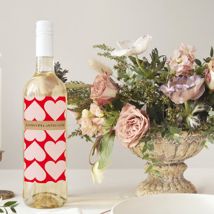 Modern  Romantic Red & Pink Hearts Pattern  Wine Label