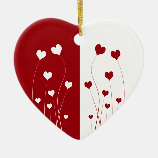 Modern Romantic Red White Love Hearts Ceramic Tree Decoration (Front)