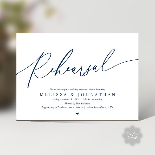 Modern Romantic Rehearsal Wedding Dinner Dancing Invitation (Modern Romantic Rehearsal Wedding Dinner Dancing Invitation Card in Navy Blue)