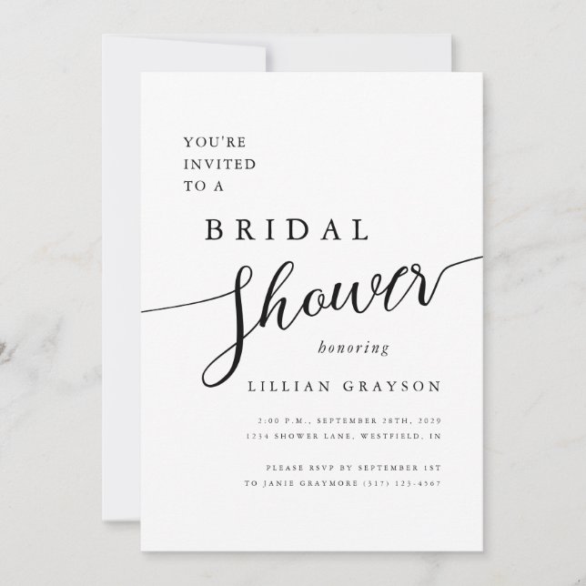 Modern Romantic Script Black & White Bridal Shower Invitation (Front)