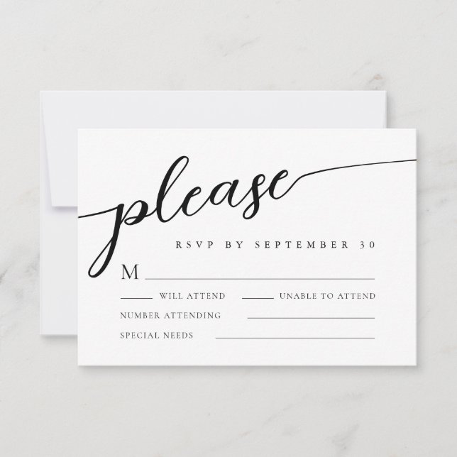 Modern Romantic Script Minimalist Wedding RSVP Card (Front)