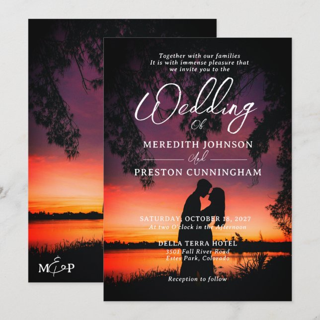 Modern Romantic Sunset Silhouette Photo Wedding  Invitation (Front/Back)
